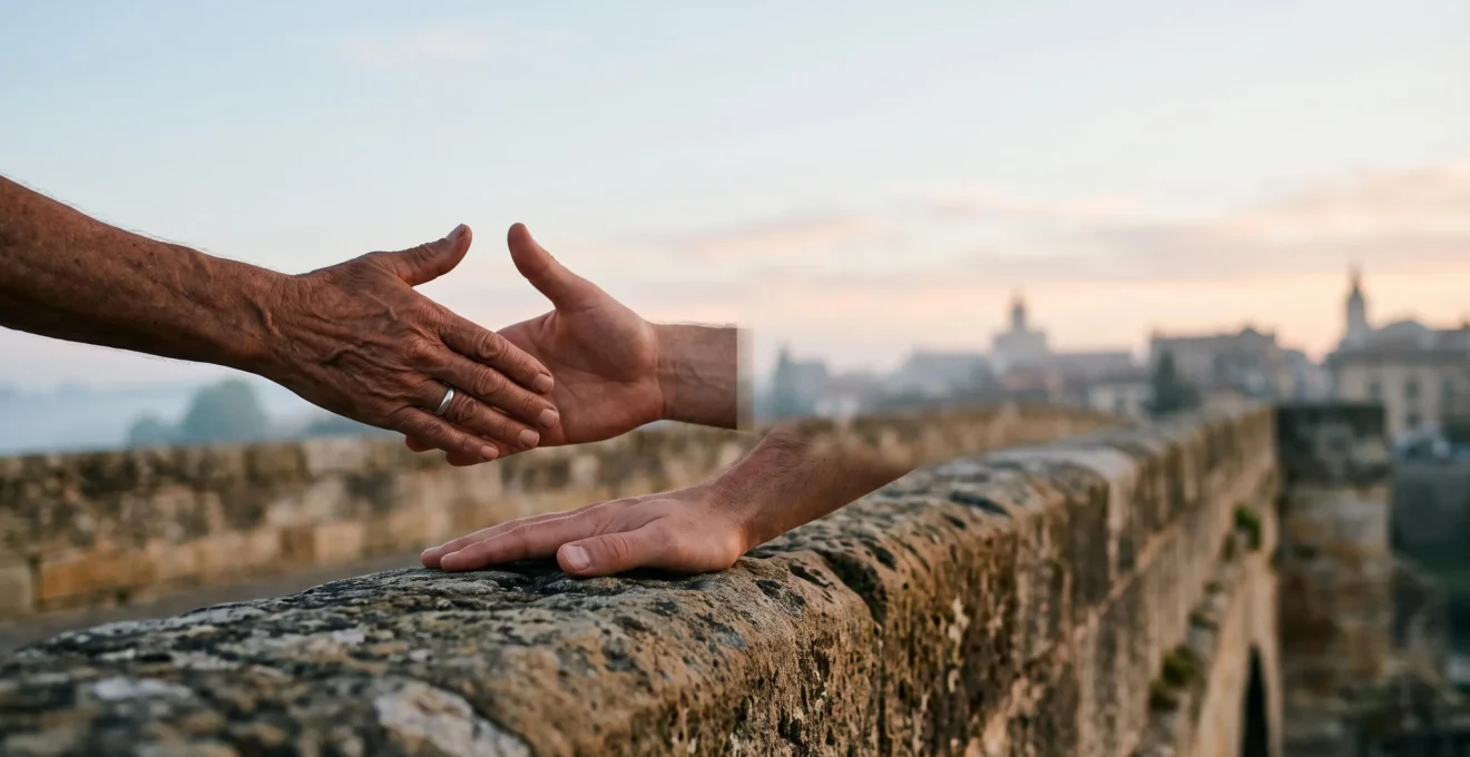 Deux mains adultes, l'une tendue en signe d'accueil et l'autre ancrée dans un geste de bâtisseur, se rejoignant au-dessus d'un pont symbolique entre deux rives