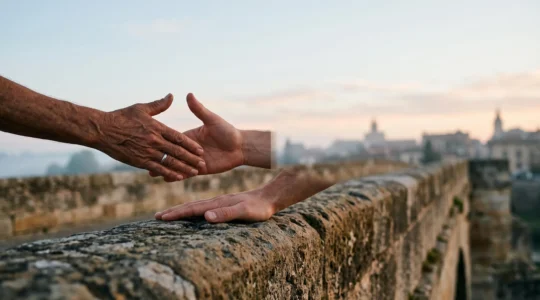 Deux mains adultes, l'une tendue en signe d'accueil et l'autre ancrée dans un geste de bâtisseur, se rejoignant au-dessus d'un pont symbolique entre deux rives