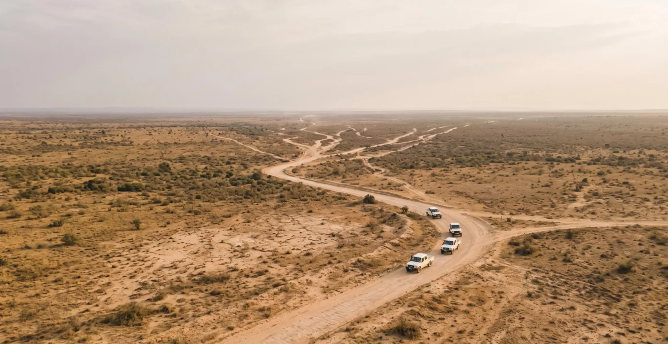 Vue aérienne symbolique d'une chaîne d'approvisionnement humanitaire traversant un paysage aride et fragmenté, évoquant la difficulté d'acheminer l'aide jusqu'aux populations les plus vulnérables.