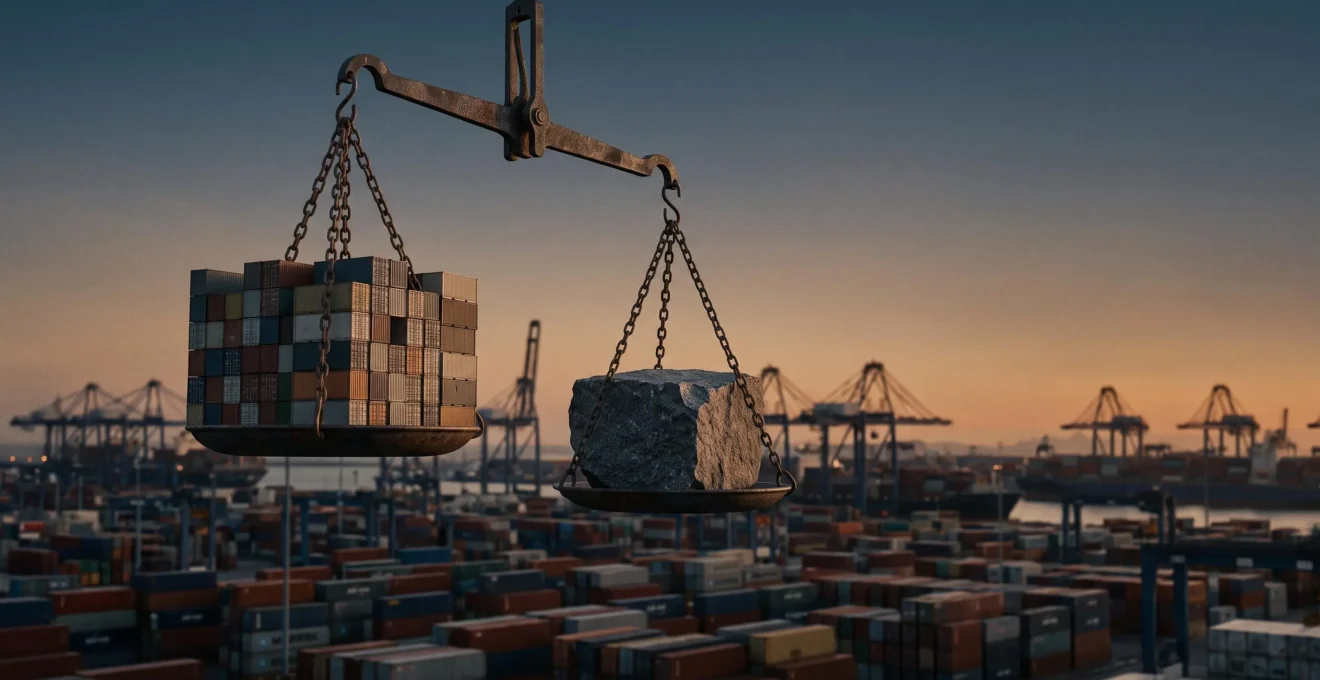 Une balance symbolique en métal patiné suspendue au-dessus d'un port de conteneurs au crépuscule, illustrant l'équilibre fragile entre protectionnisme et libre-échange