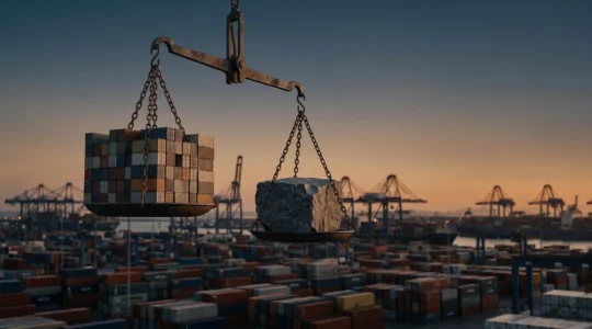 Une balance symbolique en métal patiné suspendue au-dessus d'un port de conteneurs au crépuscule, illustrant l'équilibre fragile entre protectionnisme et libre-échange