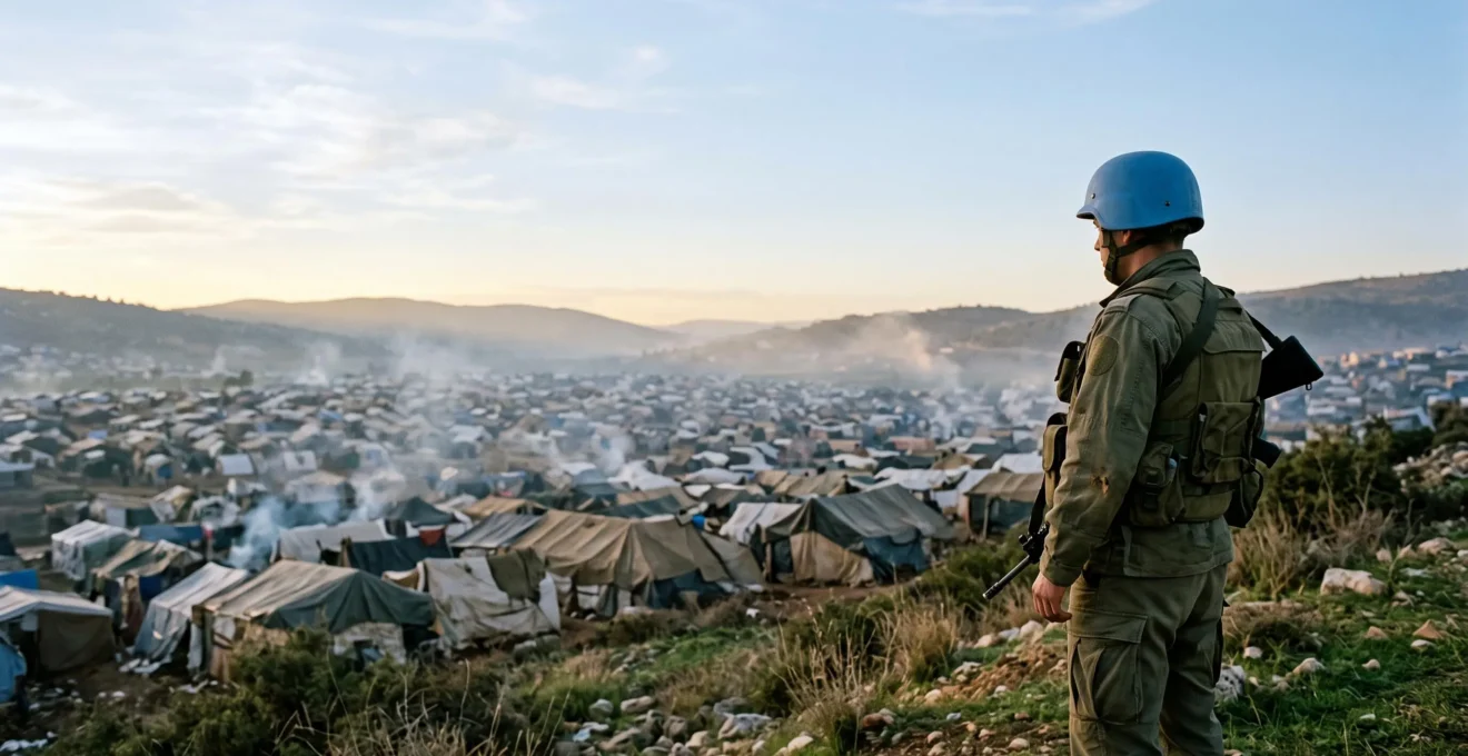 Soldat de la paix des Nations Unies observant un camp de déplacés au lever du jour, symbole du dilemme de la protection des civils