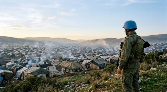 Soldat de la paix des Nations Unies observant un camp de déplacés au lever du jour, symbole du dilemme de la protection des civils