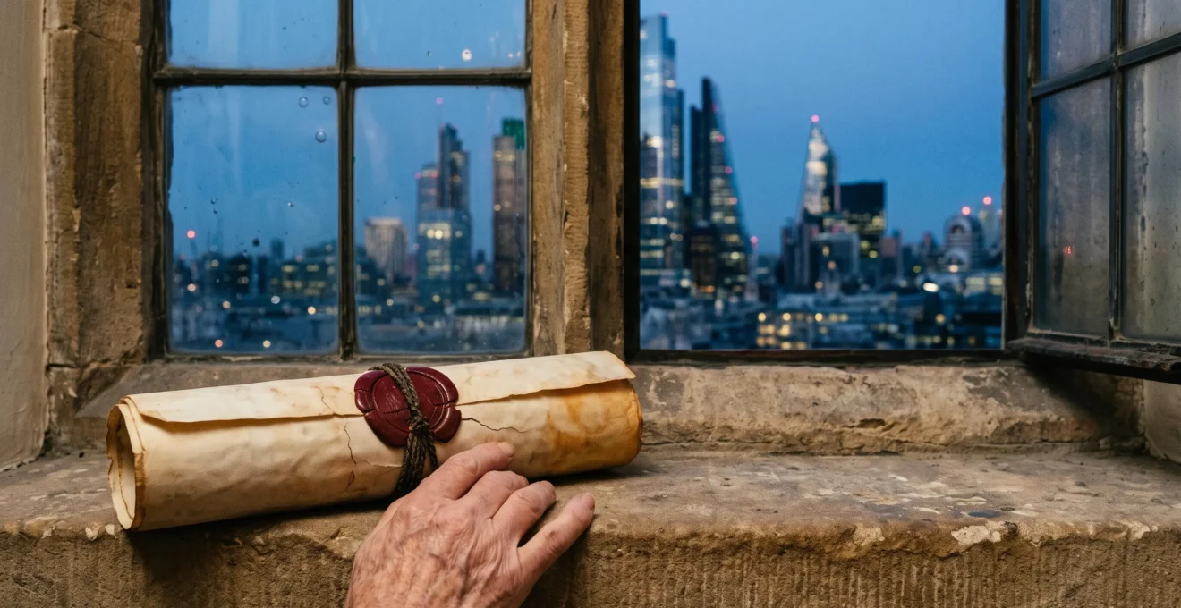 Une main tenant un vieux parchemin scellé de cire, en arrière-plan une skyline urbaine moderne floue au crépuscule, symbolisant le dialogue entre l'héritage de 1945 et les défis du 21e siècle