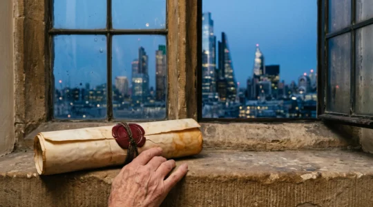 Une main tenant un vieux parchemin scellé de cire, en arrière-plan une skyline urbaine moderne floue au crépuscule, symbolisant le dialogue entre l'héritage de 1945 et les défis du 21e siècle