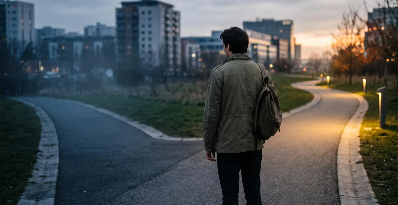 Silhouette d'une personne se tenant à la croisée de deux chemins, l'un lumineux et l'autre plongé dans l'ombre, symbolisant le moment de bascule avant la radicalisation