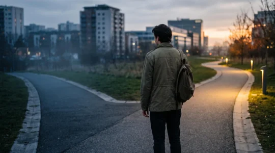 Silhouette d'une personne se tenant à la croisée de deux chemins, l'un lumineux et l'autre plongé dans l'ombre, symbolisant le moment de bascule avant la radicalisation