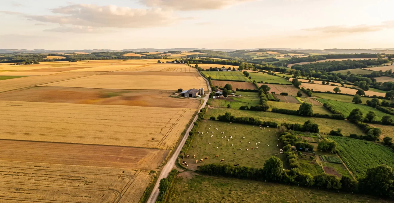 Vue aérienne d'une exploitation agricole française divisée entre grandes parcelles céréalières et zones diversifiées de polyculture-élevage, symbolisant le choix d'un système de production adapté à la taille et au sol.