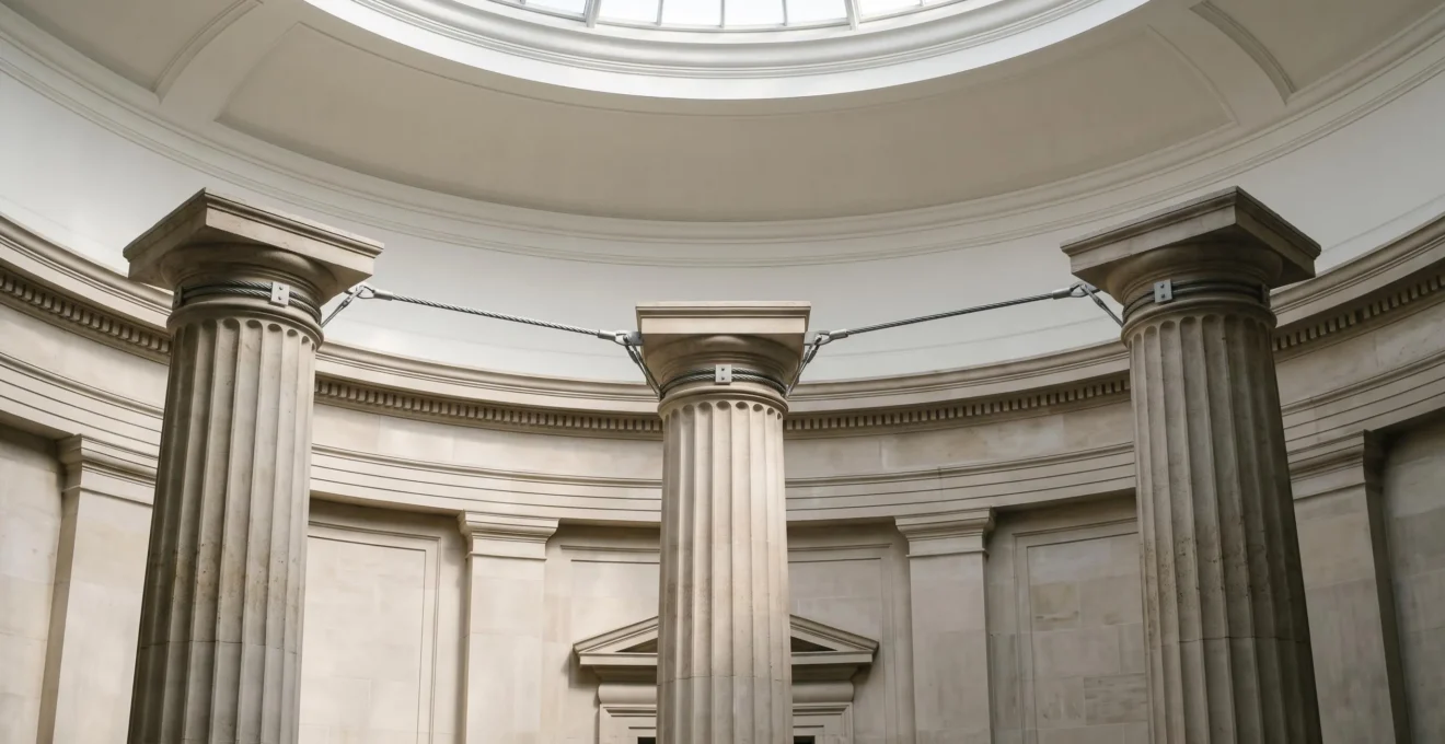 Trois colonnes de pierre reliées par des cables tendus dans une architecture institutionnelle baignee de lumiere naturelle, symbolisant l'equilibre des pouvoirs