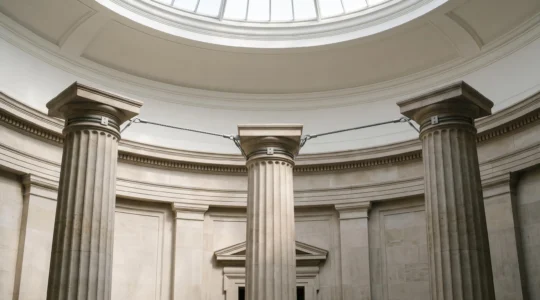 Trois colonnes de pierre reliées par des cables tendus dans une architecture institutionnelle baignee de lumiere naturelle, symbolisant l'equilibre des pouvoirs