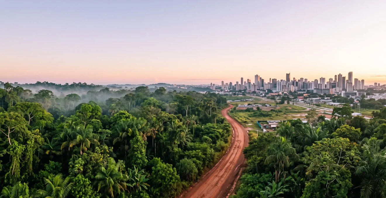 Vue symbolique d'une forêt tropicale dense confrontée à l'étalement urbain, illustrant l'origine des pandémies modernes