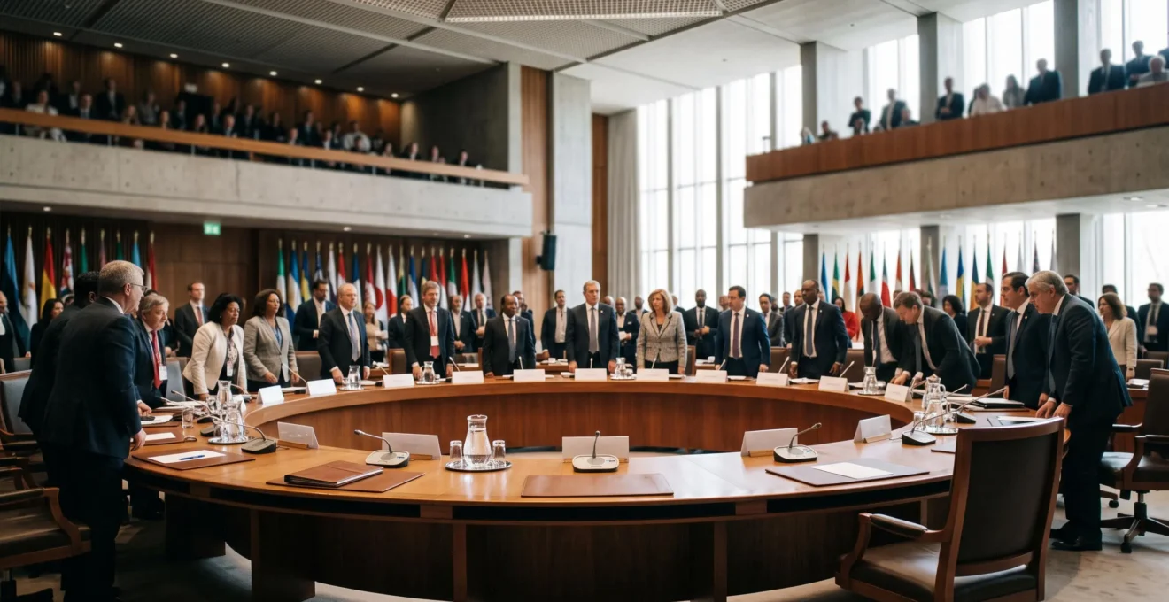 Une salle de conférence internationale vue en grand angle, drapeaux et délégations en discussion autour d'une table circulaire symbolisant la négociation d'un accord sanitaire mondial