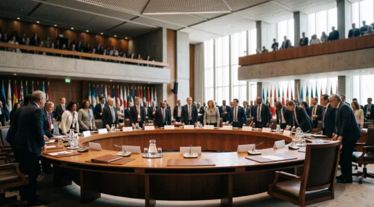 Une salle de conférence internationale vue en grand angle, drapeaux et délégations en discussion autour d'une table circulaire symbolisant la négociation d'un accord sanitaire mondial