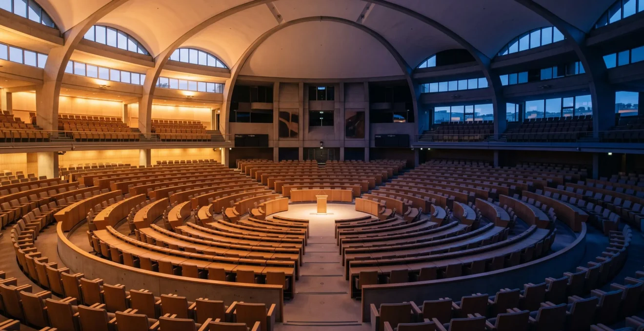 Salle de conférence internationale vide aux sièges disposés en cercle, symbolisant la tension entre coopération diplomatique et rivalité géopolitique