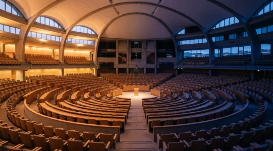 Salle de conférence internationale vide aux sièges disposés en cercle, symbolisant la tension entre coopération diplomatique et rivalité géopolitique