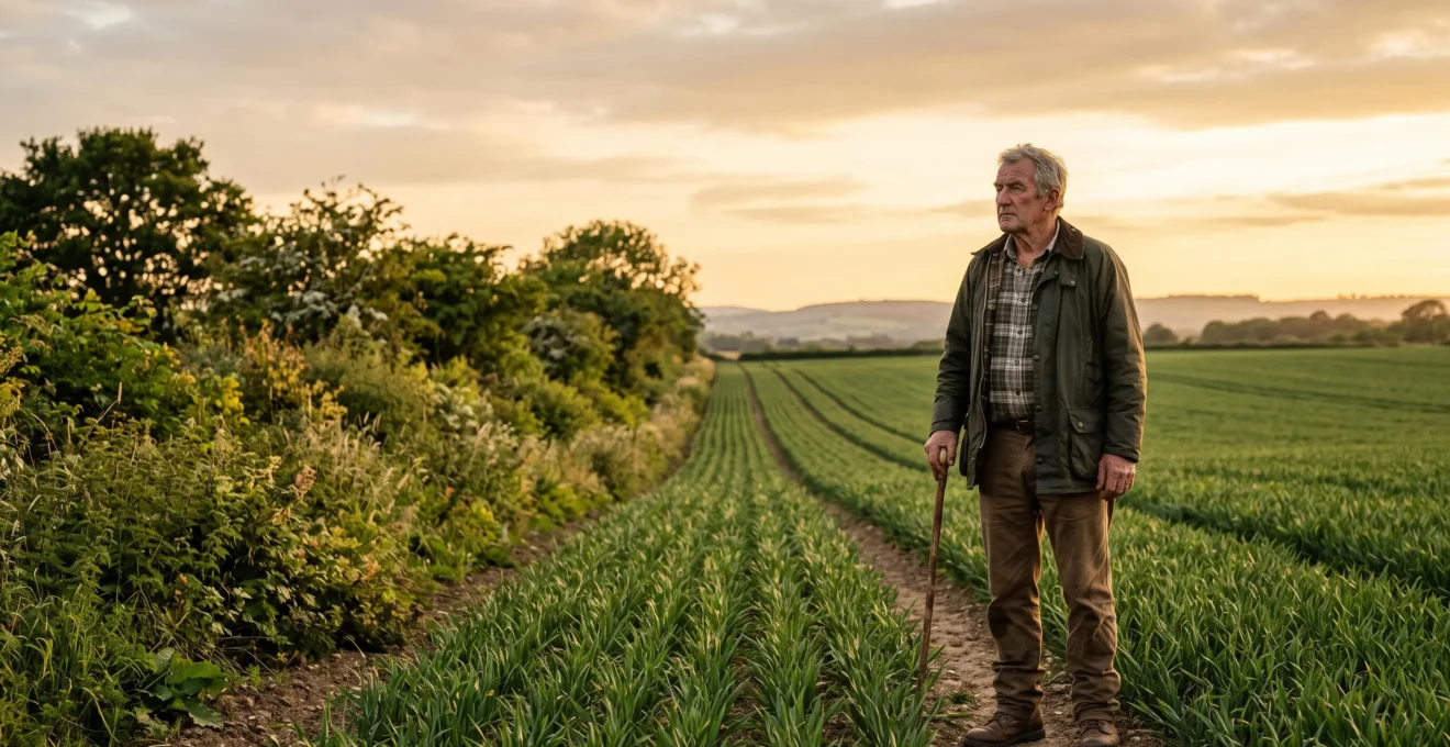 Agriculteur debout à l'aube au milieu d'un vaste champ, regardant l'horizon entre terres cultivées et lisière naturelle, symbole du dilemme entre production alimentaire et préservation des écosystèmes