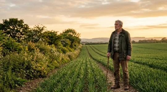 Agriculteur debout à l'aube au milieu d'un vaste champ, regardant l'horizon entre terres cultivées et lisière naturelle, symbole du dilemme entre production alimentaire et préservation des écosystèmes