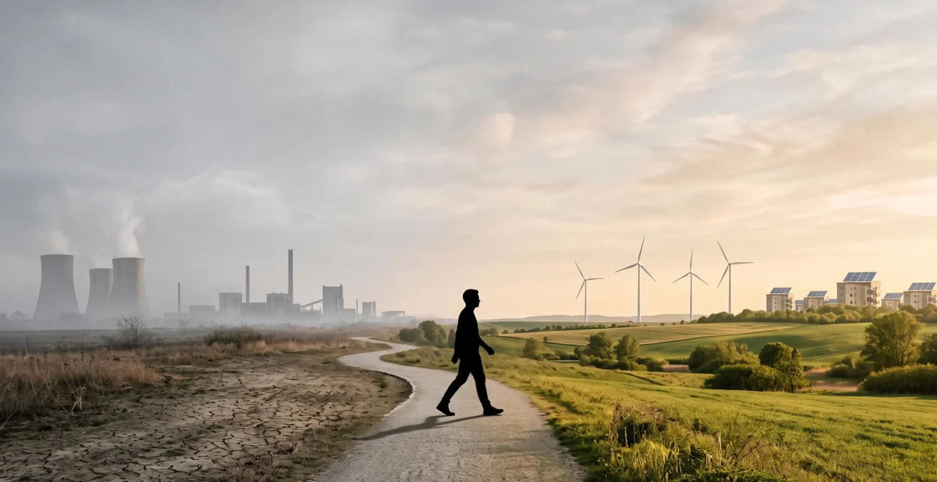 Une personne traverse un paysage qui passe d'une zone industrielle grise à un environnement verdoyant et renouvelable, symbolisant le passage de la prise de conscience à l'action climatique