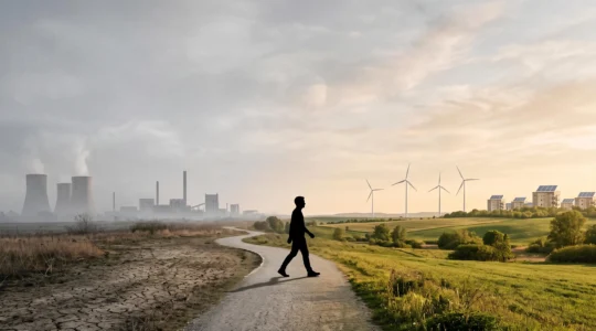Une personne traverse un paysage qui passe d'une zone industrielle grise à un environnement verdoyant et renouvelable, symbolisant le passage de la prise de conscience à l'action climatique