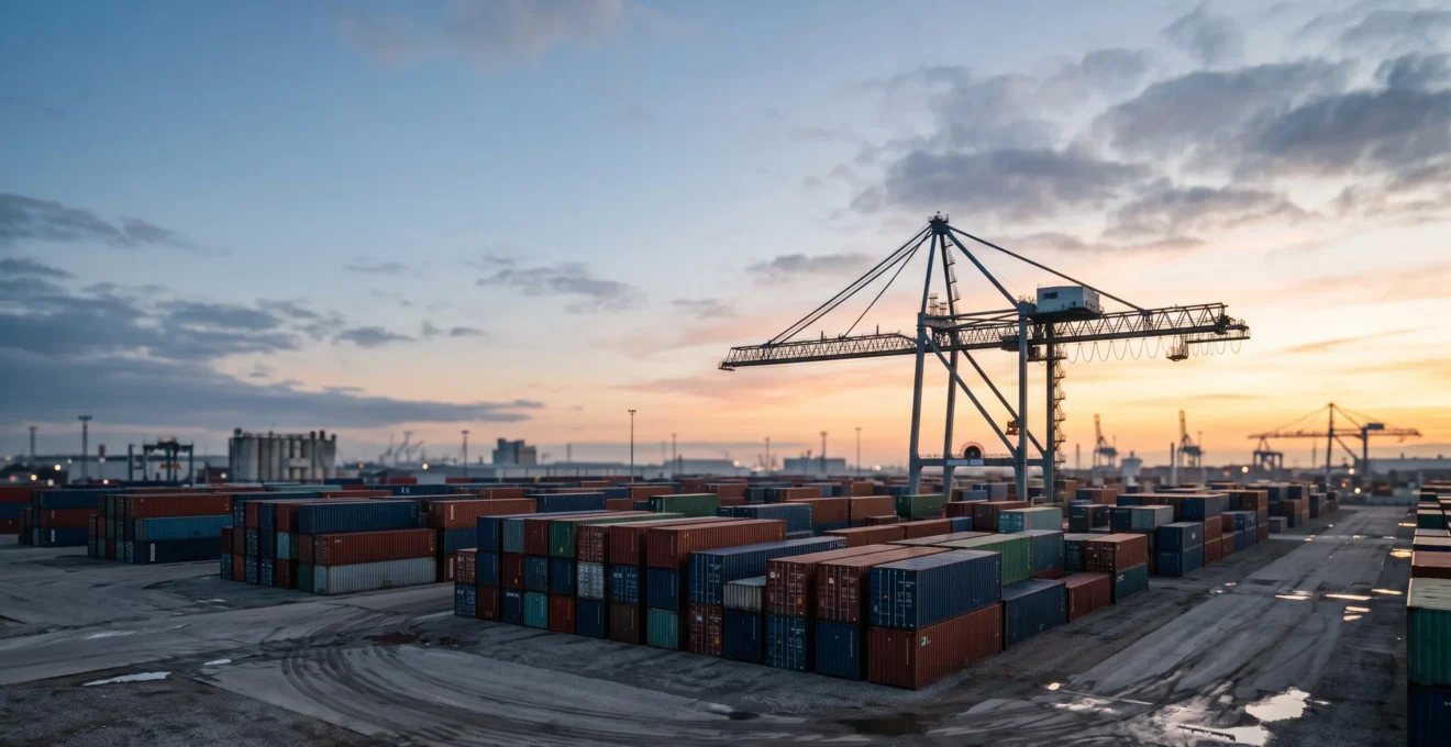 Photographie symbolique d'un port de conteneurs au crépuscule illustrant l'interconnexion entre décisions politiques et commerce mondial
