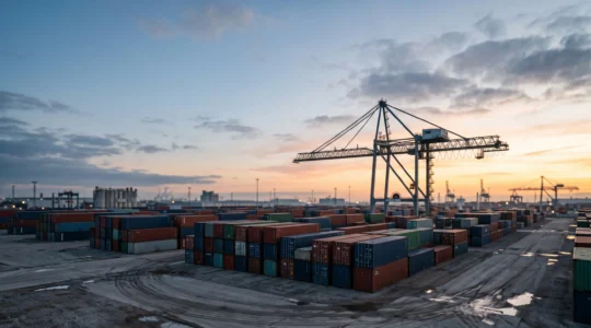 Photographie symbolique d'un port de conteneurs au crépuscule illustrant l'interconnexion entre décisions politiques et commerce mondial