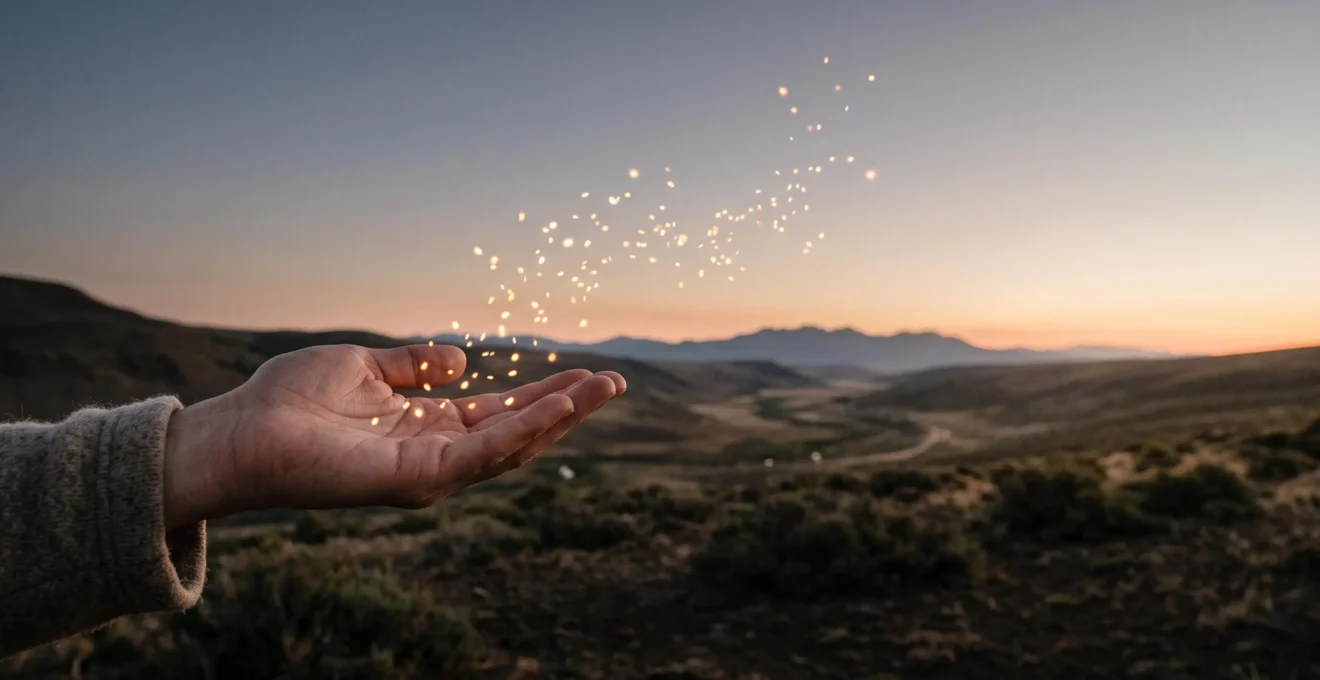 Une main relachant une nuee de particules lumineuses qui se transforment en un chemin de lumiere, symbolisant le passage de la prise de conscience a l'action collective