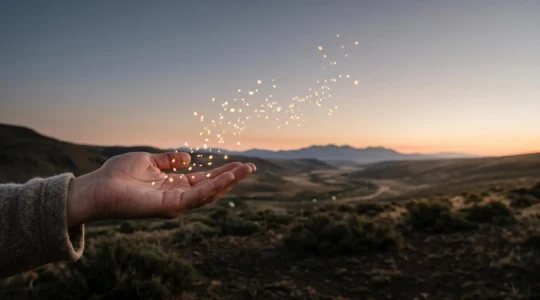 Une main relachant une nuee de particules lumineuses qui se transforment en un chemin de lumiere, symbolisant le passage de la prise de conscience a l'action collective
