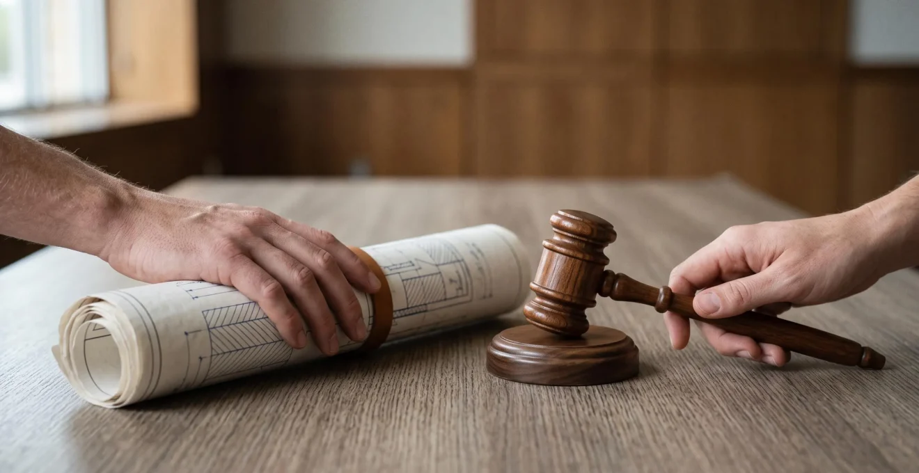 Deux mains, l'une tenant un plan technique enroule et l'autre un gant symbolisant l'autorite politique, se rejoignant au-dessus d'une table en bois, illustrant l'equilibre entre expertise et decision