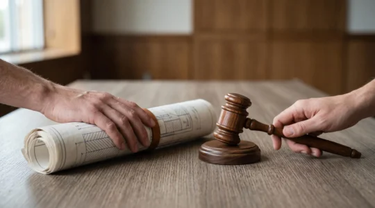 Deux mains, l'une tenant un plan technique enroule et l'autre un gant symbolisant l'autorite politique, se rejoignant au-dessus d'une table en bois, illustrant l'equilibre entre expertise et decision