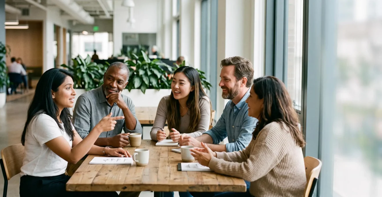 Une équipe de collaborateurs d'âges et d'origines diverses échangeant autour d'une table dans un bureau moderne en pleine transformation