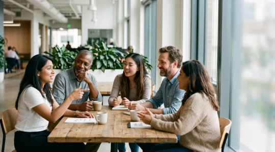 Une équipe de collaborateurs d'âges et d'origines diverses échangeant autour d'une table dans un bureau moderne en pleine transformation