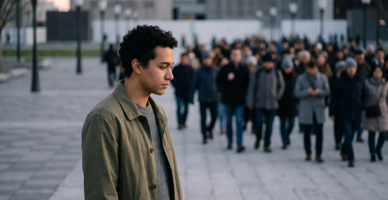 Portrait symbolique d'une personne se détachant visuellement d'une foule uniforme, illustrant l'éveil de l'esprit critique face à l'endoctrinement