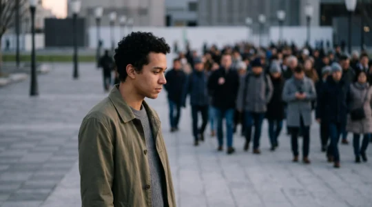 Portrait symbolique d'une personne se détachant visuellement d'une foule uniforme, illustrant l'éveil de l'esprit critique face à l'endoctrinement