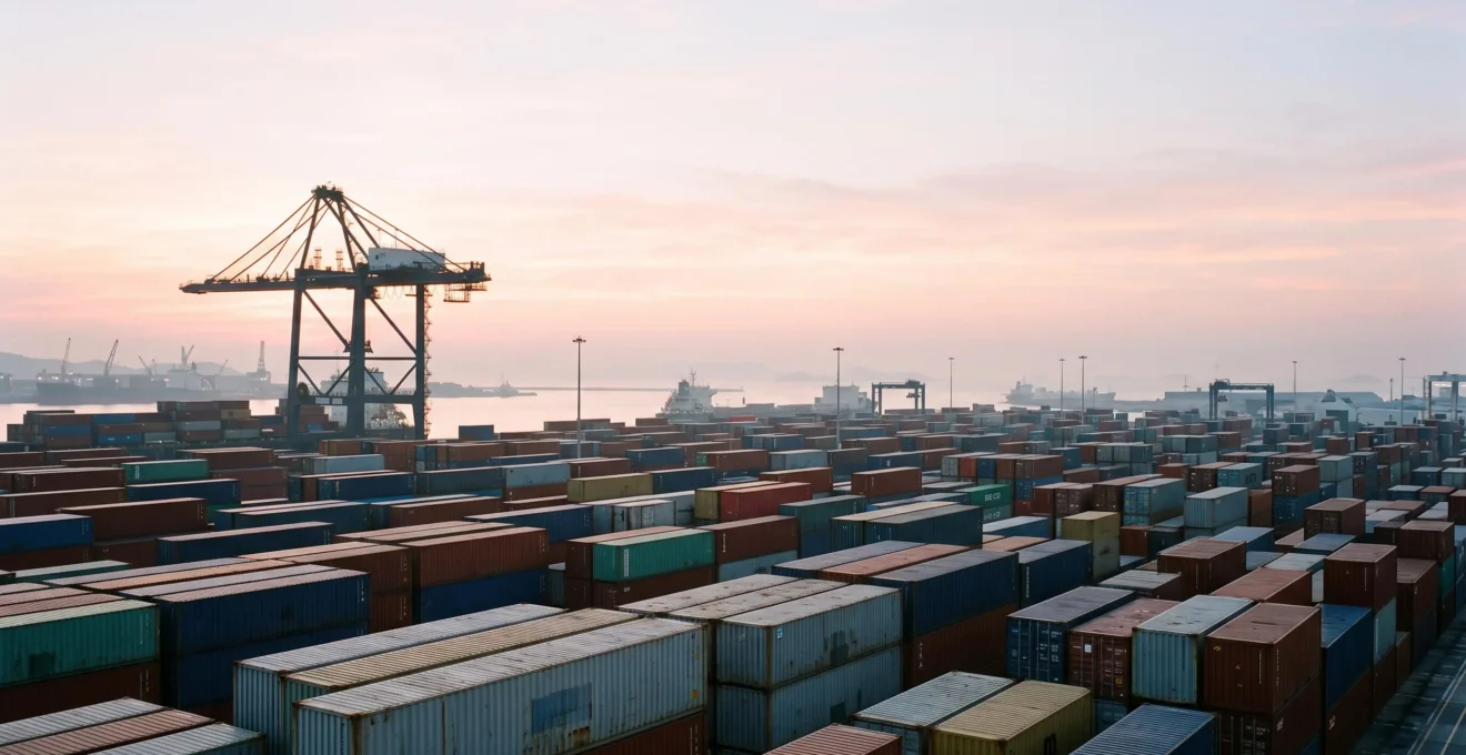 Port industriel au crepuscule symbolisant l'equilibre fragile entre force economique et desequilibre structurel d'un excedent commercial