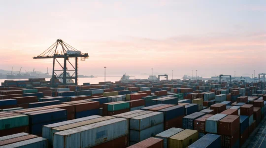 Port industriel au crepuscule symbolisant l'equilibre fragile entre force economique et desequilibre structurel d'un excedent commercial