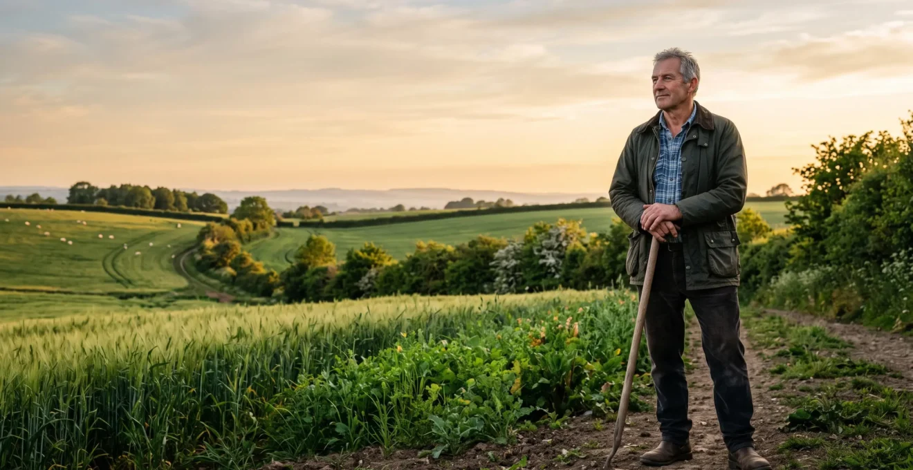 Agriculteur observant au coucher du soleil une ferme diversifiee et resiliente, symbole d'autonomie face aux crises d'approvisionnement