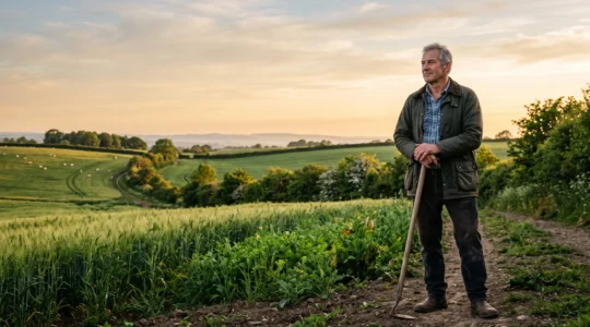 Agriculteur observant au coucher du soleil une ferme diversifiee et resiliente, symbole d'autonomie face aux crises d'approvisionnement