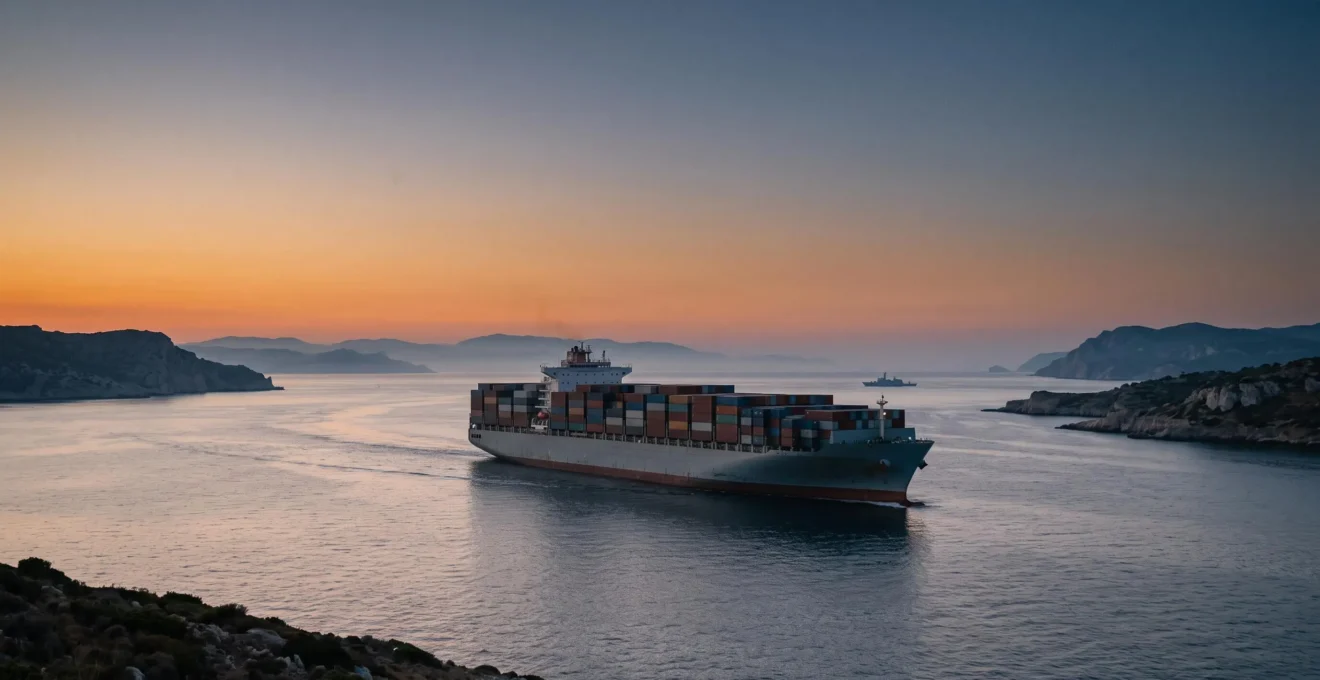 Porte-conteneurs géant traversant un détroit maritime stratégique au crépuscule, symbolisant les tensions géopolitiques liées au commerce mondial