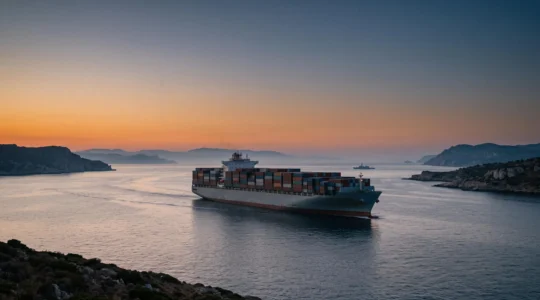 Porte-conteneurs géant traversant un détroit maritime stratégique au crépuscule, symbolisant les tensions géopolitiques liées au commerce mondial