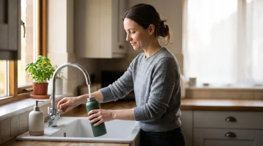 Une personne remplit une gourde réutilisable près d'une fenêtre lumineuse, symbolisant un geste écoresponsable devenu automatique