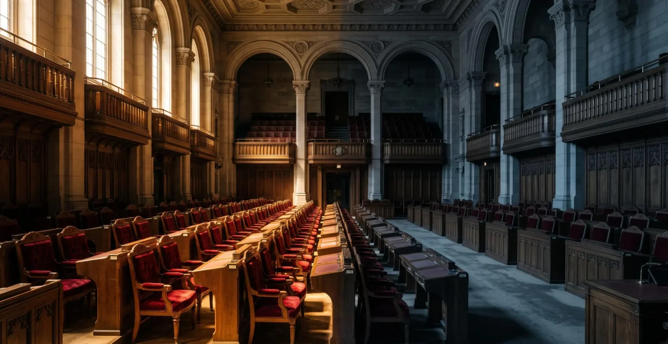 Hémicycle parlementaire vide symbolisant l'équilibre des pouvoirs entre le Sénat et l'Assemblée nationale