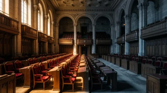 Hémicycle parlementaire vide symbolisant l'équilibre des pouvoirs entre le Sénat et l'Assemblée nationale