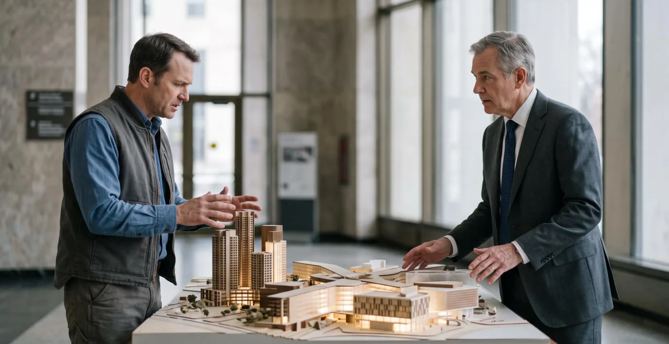 Un ingenieur et un decideur politique face a face autour d'une maquette technique, symbolisant la rencontre entre expertise et pouvoir.