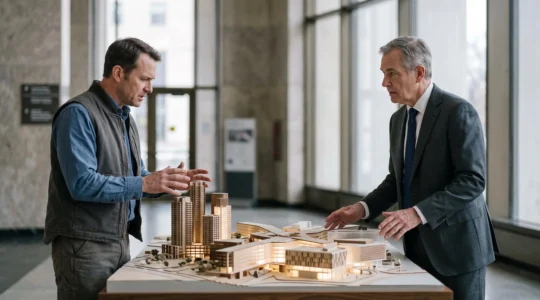 Un ingenieur et un decideur politique face a face autour d'une maquette technique, symbolisant la rencontre entre expertise et pouvoir.