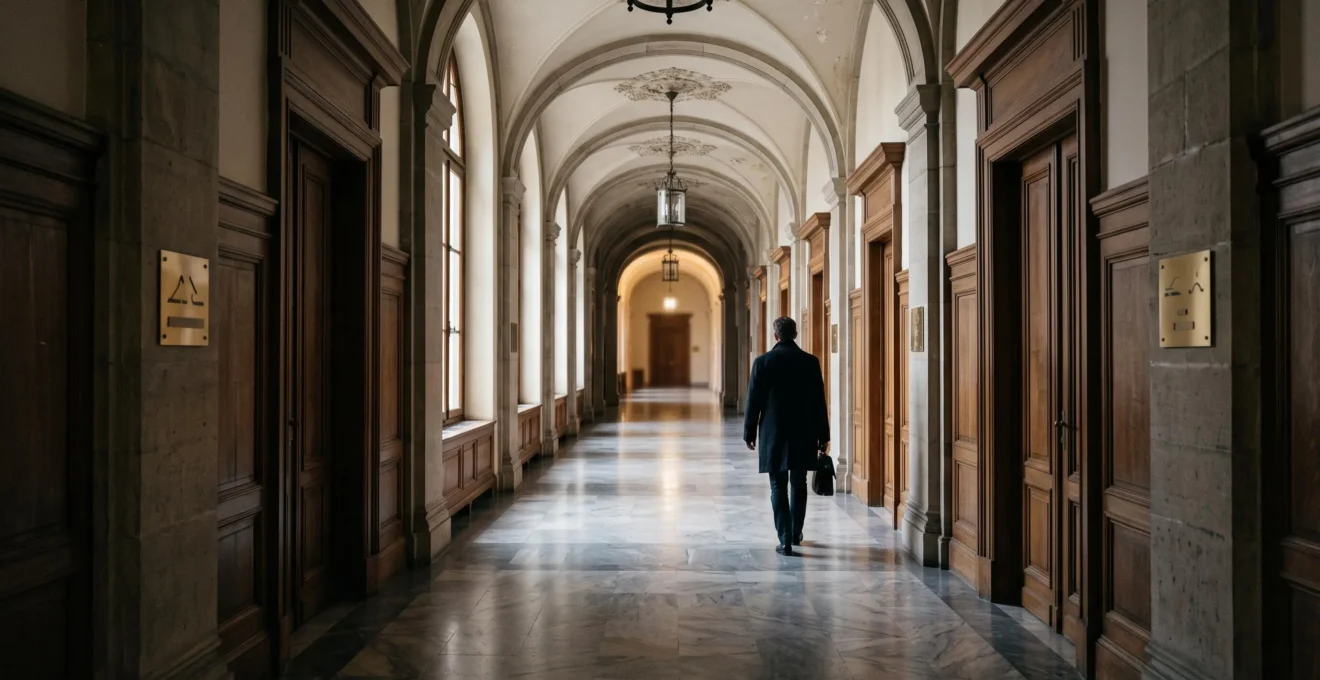 Couloir institutionnel vide symbolisant les mécanismes cachés du pouvoir politique au-delà des discours officiels