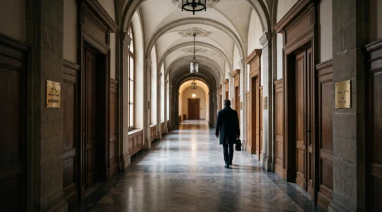Couloir institutionnel vide symbolisant les mécanismes cachés du pouvoir politique au-delà des discours officiels