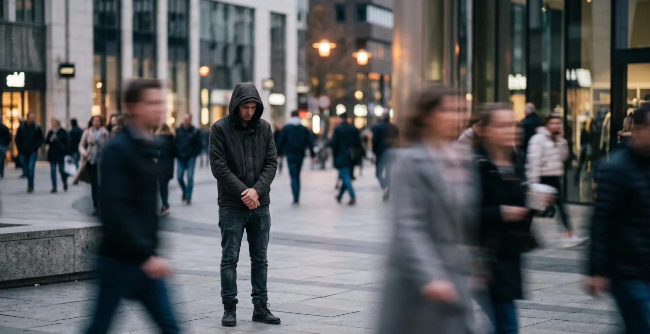 Silhouette solitaire se fondant dans une foule urbaine, symbolisant l'invisibilité des personnes vulnérables qui n'accèdent à aucun dispositif de protection