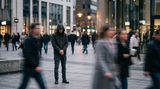 Silhouette solitaire se fondant dans une foule urbaine, symbolisant l'invisibilité des personnes vulnérables qui n'accèdent à aucun dispositif de protection