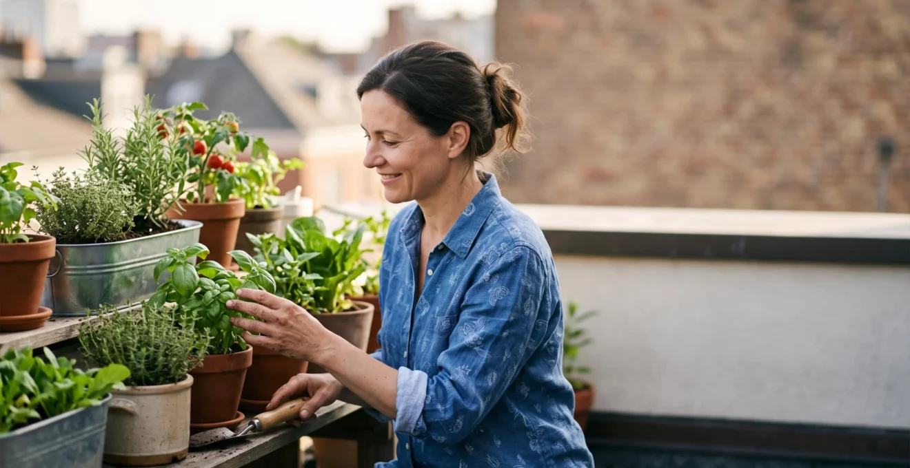 Une personne sereine s'occupant d'un jardin urbain sur un balcon, symbole d'un engagement écologique apaisé et durable au quotidien