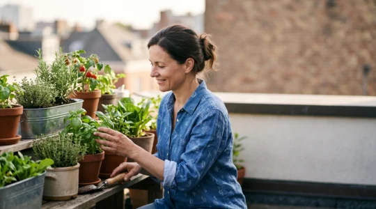 Une personne sereine s'occupant d'un jardin urbain sur un balcon, symbole d'un engagement écologique apaisé et durable au quotidien